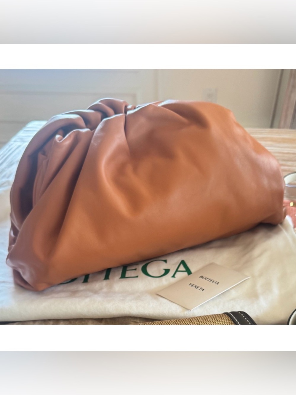 New Bottega Venetta Leather Pouch Gathered Clutch Bag in Cognac Brown